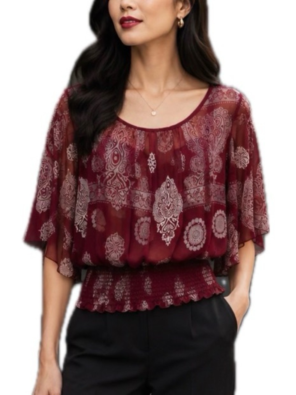 Papaya Women's S Regular Burgundy/White Paisley Scoop Neck Dolman Blouse